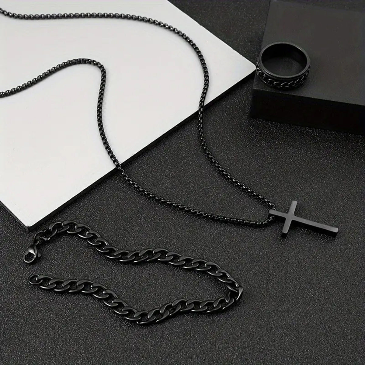 Men'S Cross Necklace Ring Bracelet Suit