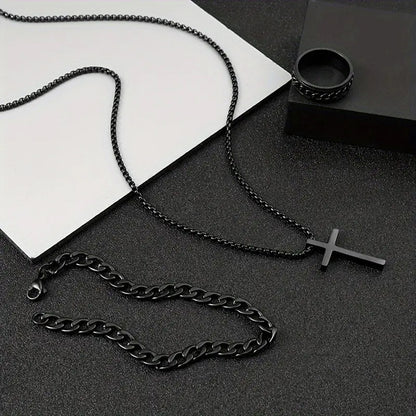 Men'S Cross Necklace Ring Bracelet Suit