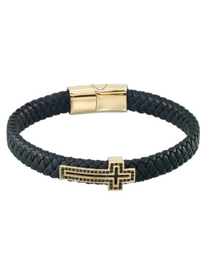Men’s Black Leather Bracelet with Cross – Gold & Black Elegance