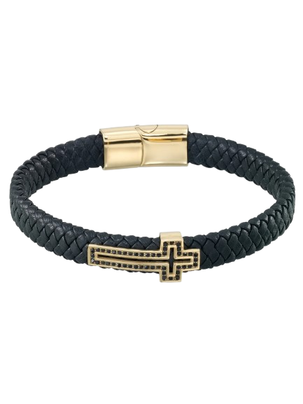 Men’s Black Leather Bracelet with Cross – Gold & Black Elegance