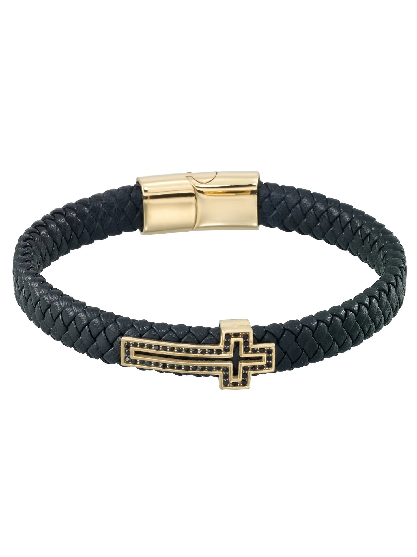 by Focus Men, Cross Bracelet with Simulated Black Diamonds in Genuine Black Leather and Stainless Steel with Gold Tone Ion Plating, 8.5".