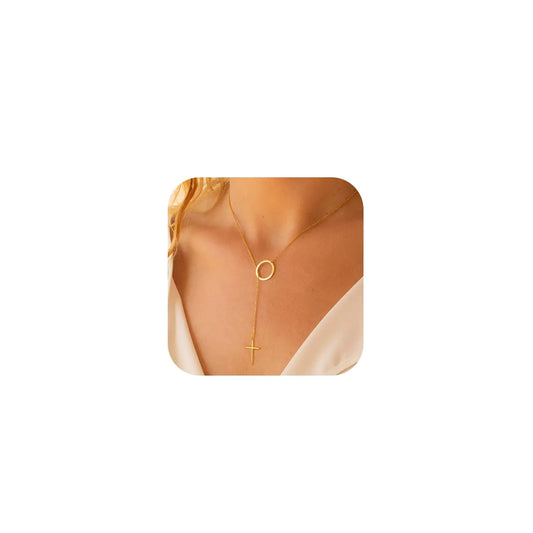 Luxval Cross Necklace for Women Dainty Gold Necklace 14K Gold Plated Lariat Sideway Cross Pendant Necklace Simple Gold Cross Necklaces Drop Y Necklace Trendy Gold Jewelry Gifts for Women
