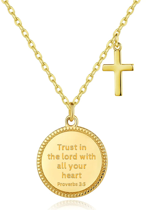 XOYOYZU 14K Gold Plated Engraved Coin Pendant Necklace for Women Christian Bible Verse Cross Necklace Prayer Faith Religious Jewelry Gifts Gold Round 35