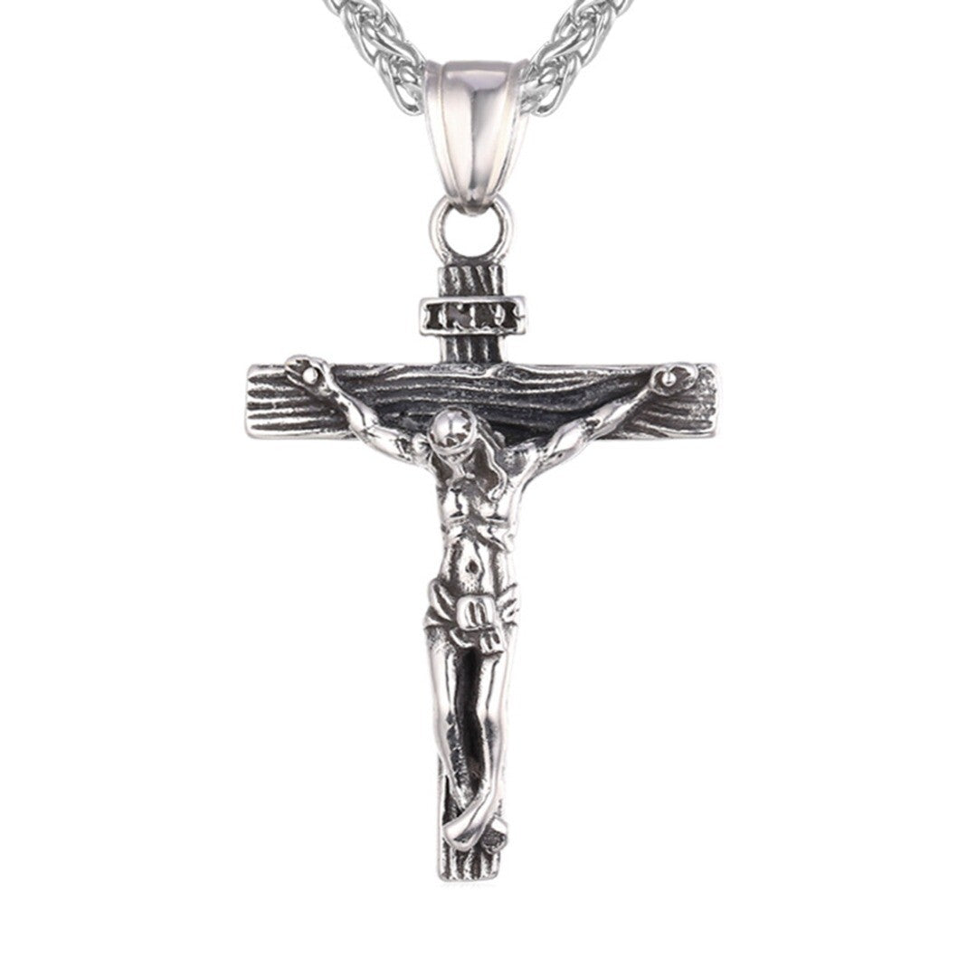 Stainless Steel Jesus Christ Crucifix Cross Pendant Chain Necklace for Women Men