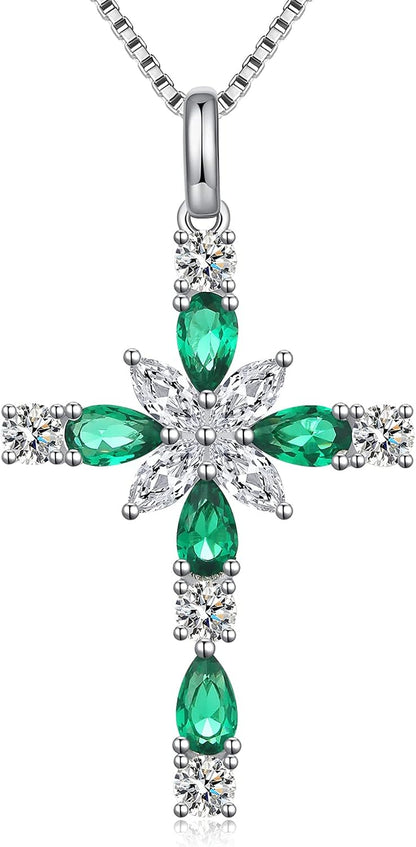 925 Sterling Silver Cross Necklace for Women，Birthday Delicate Star Cross Necklace Jewelry Gifts for Women，Birthstone Religious Jewelry for Mom, Chain 18 Inch