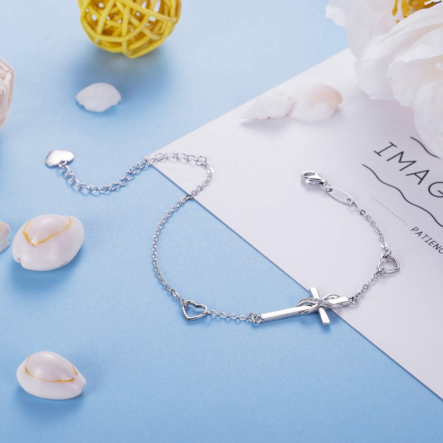 925 Sterling Silver Cross Bracelet for Women Christian Faith Bracelet 14K Gold Plated Bracelets Believe CZ Adjustable for Easter or Holiday