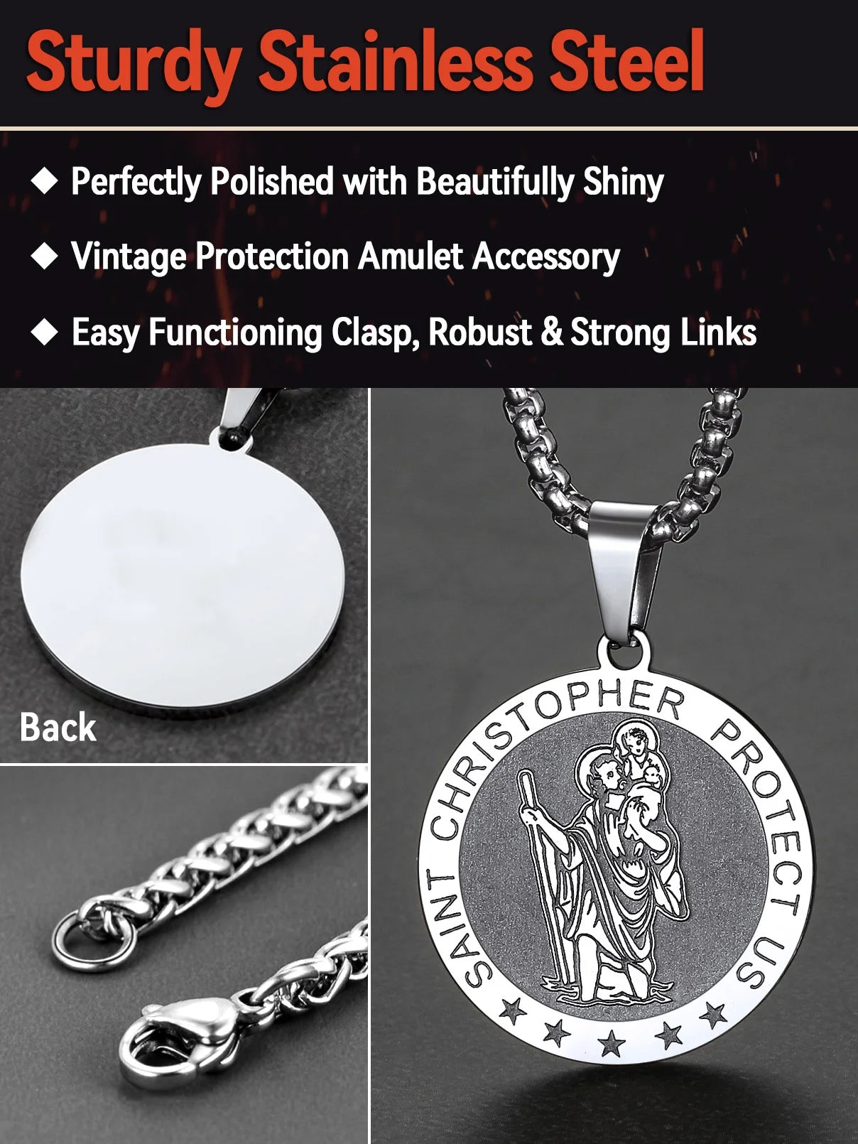 Saint/St. Christopher Pendant Necklace for Men Women Stainless Steel Catholic Christian Patron round Medal Blessings Amulet Silver Men Jewelry Gift for Boyfriend Husband Birthday