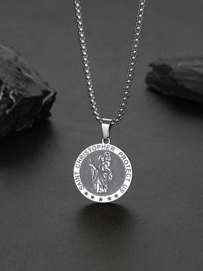 Saint/St. Christopher Pendant Necklace for Men Women Stainless Steel Catholic Christian Patron round Medal Blessings Amulet Silver Men Jewelry Gift for Boyfriend Husband Birthday