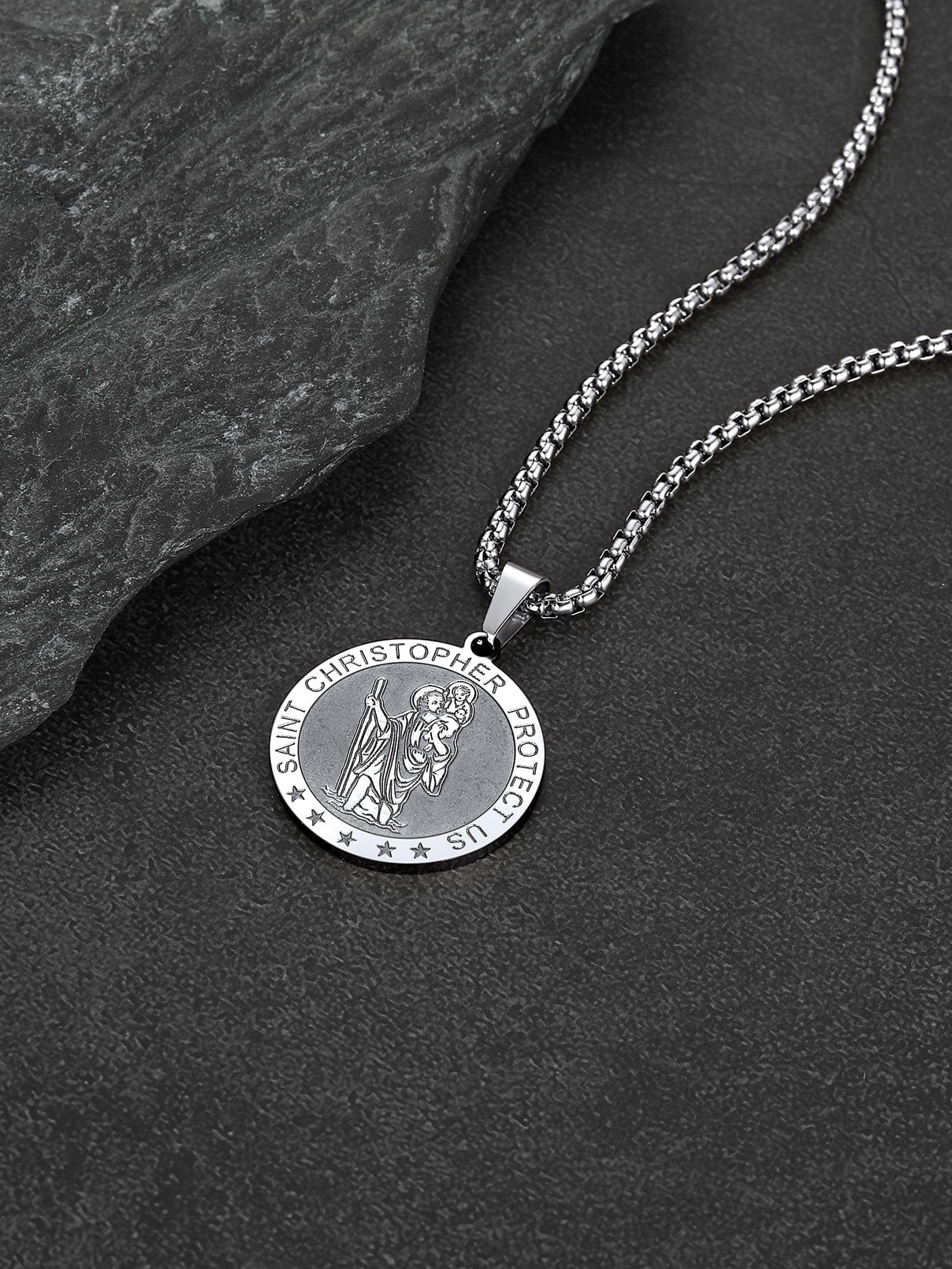 Saint/St. Christopher Pendant Necklace for Men Women Stainless Steel Catholic Christian Patron round Medal Blessings Amulet Silver Men Jewelry Gift for Boyfriend Husband Birthday