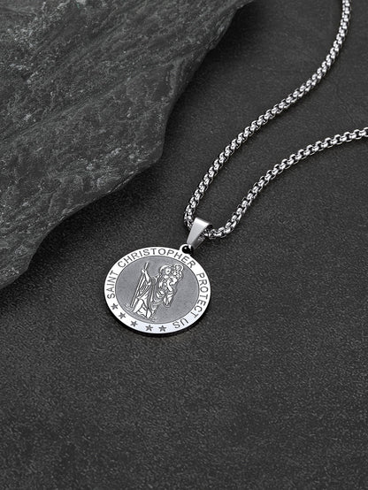 Saint/St. Christopher Pendant Necklace for Men Women Stainless Steel Catholic Christian Patron round Medal Blessings Amulet Silver Men Jewelry Gift for Boyfriend Husband Birthday