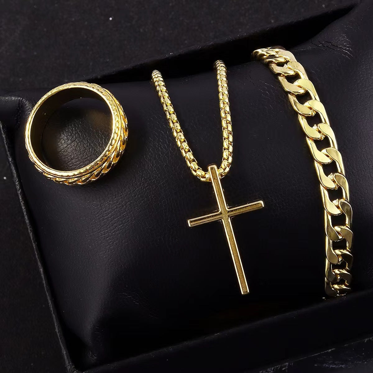 Men'S Cross Necklace Ring Bracelet Suit