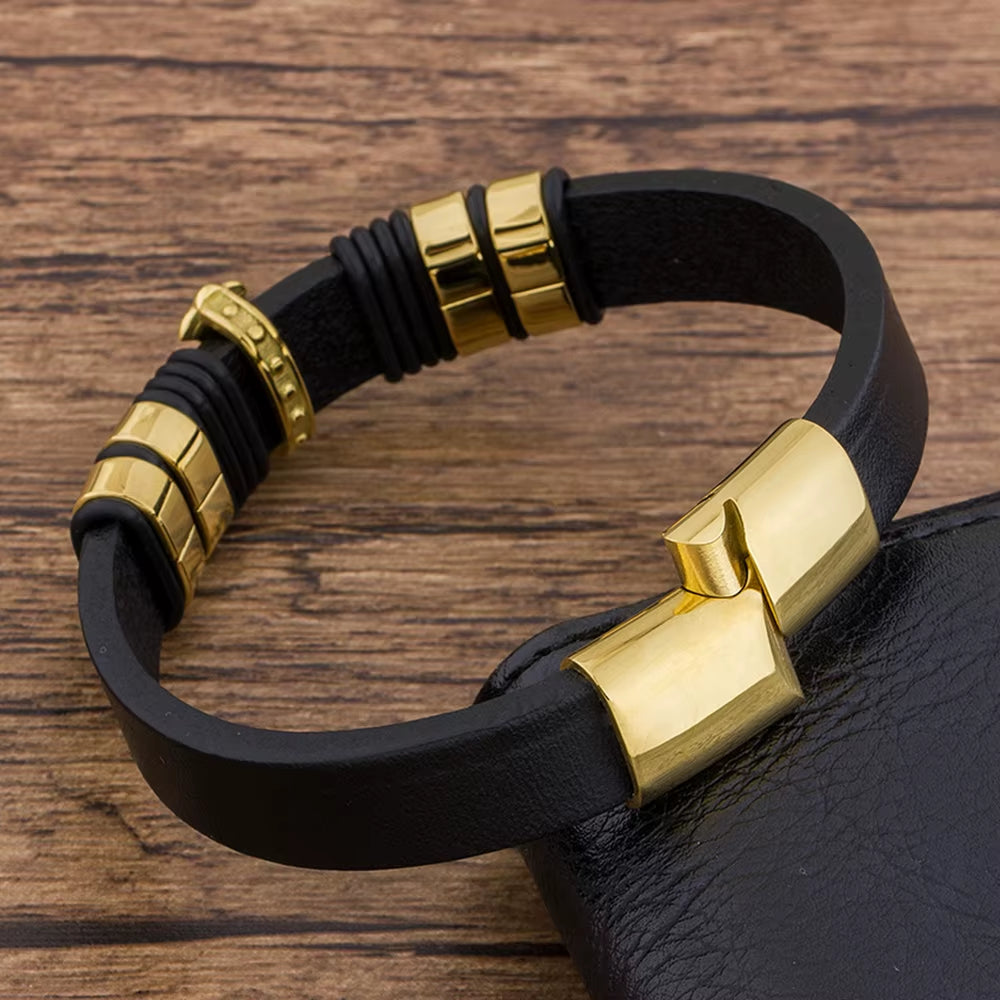 Trendy Charm Braided Rope Layered Magnetic Black Leather Cross Bracelet Men Bangles Jewelry Accessoris