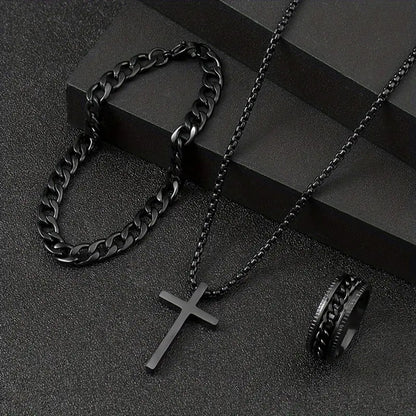 Men'S Cross Necklace Ring Bracelet Suit