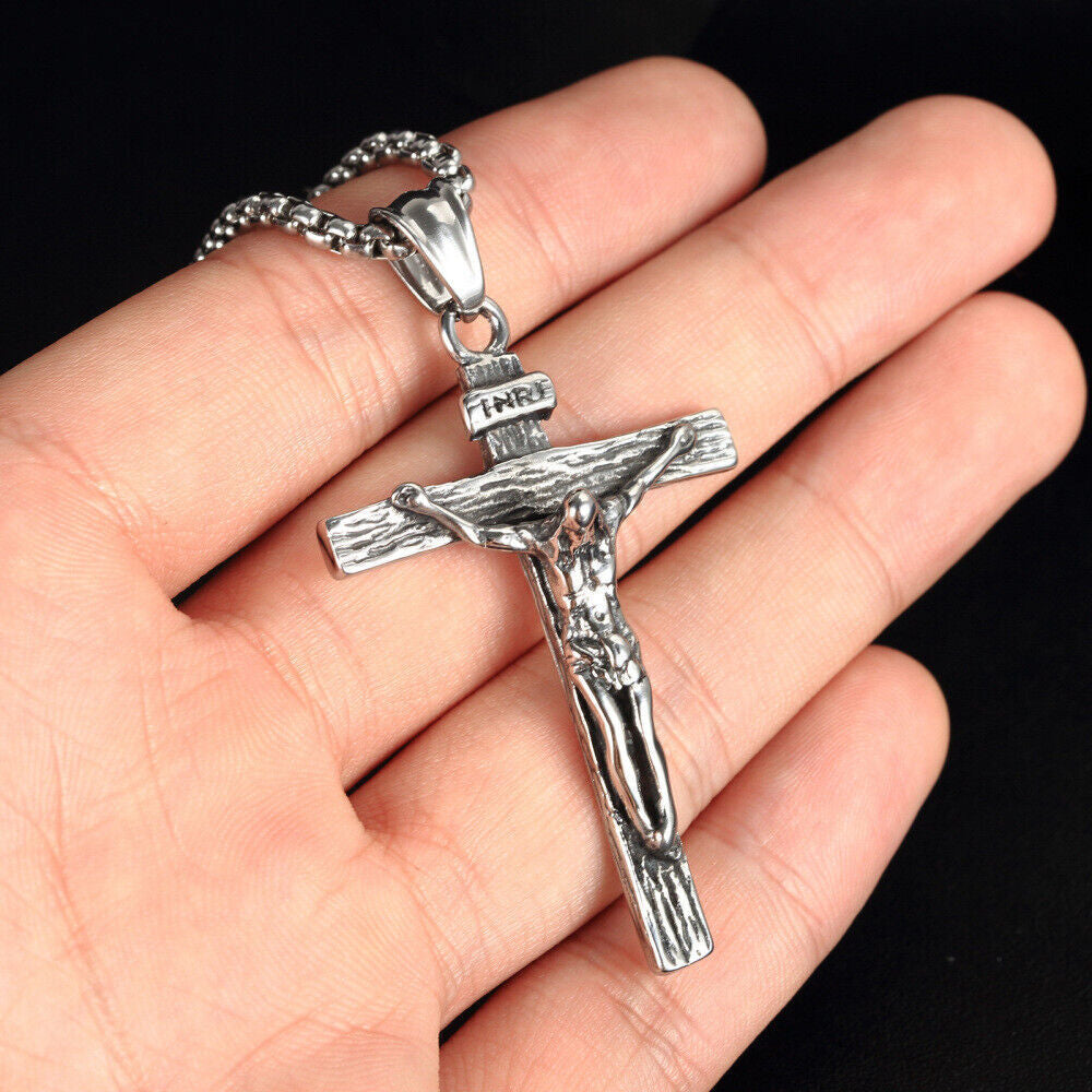 Stainless Steel Jesus Christ Crucifix Cross Pendant Chain Necklace for Women Men