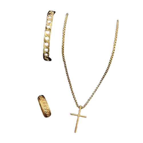 Men’s Christian Jewelry Set – Silver Cross Necklace, Bracelet & Ring