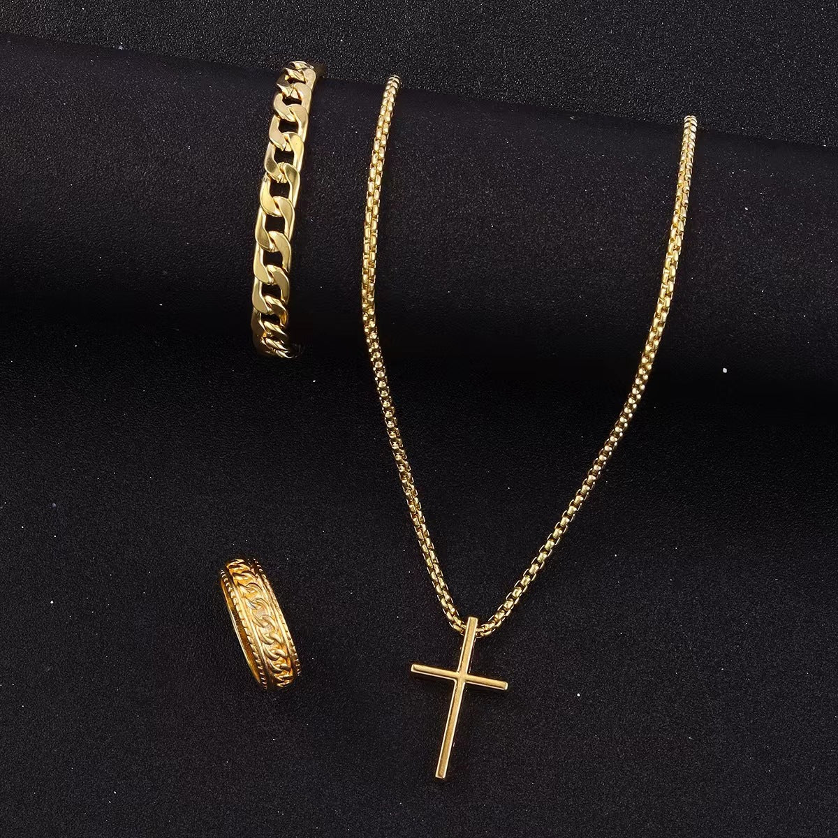 Men'S Cross Necklace Ring Bracelet Suit