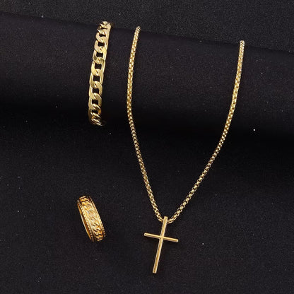 Men'S Cross Necklace Ring Bracelet Suit