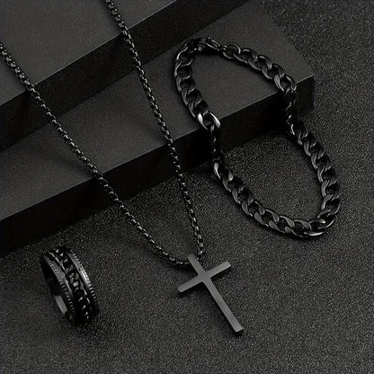 Men'S Cross Necklace Ring Bracelet Suit