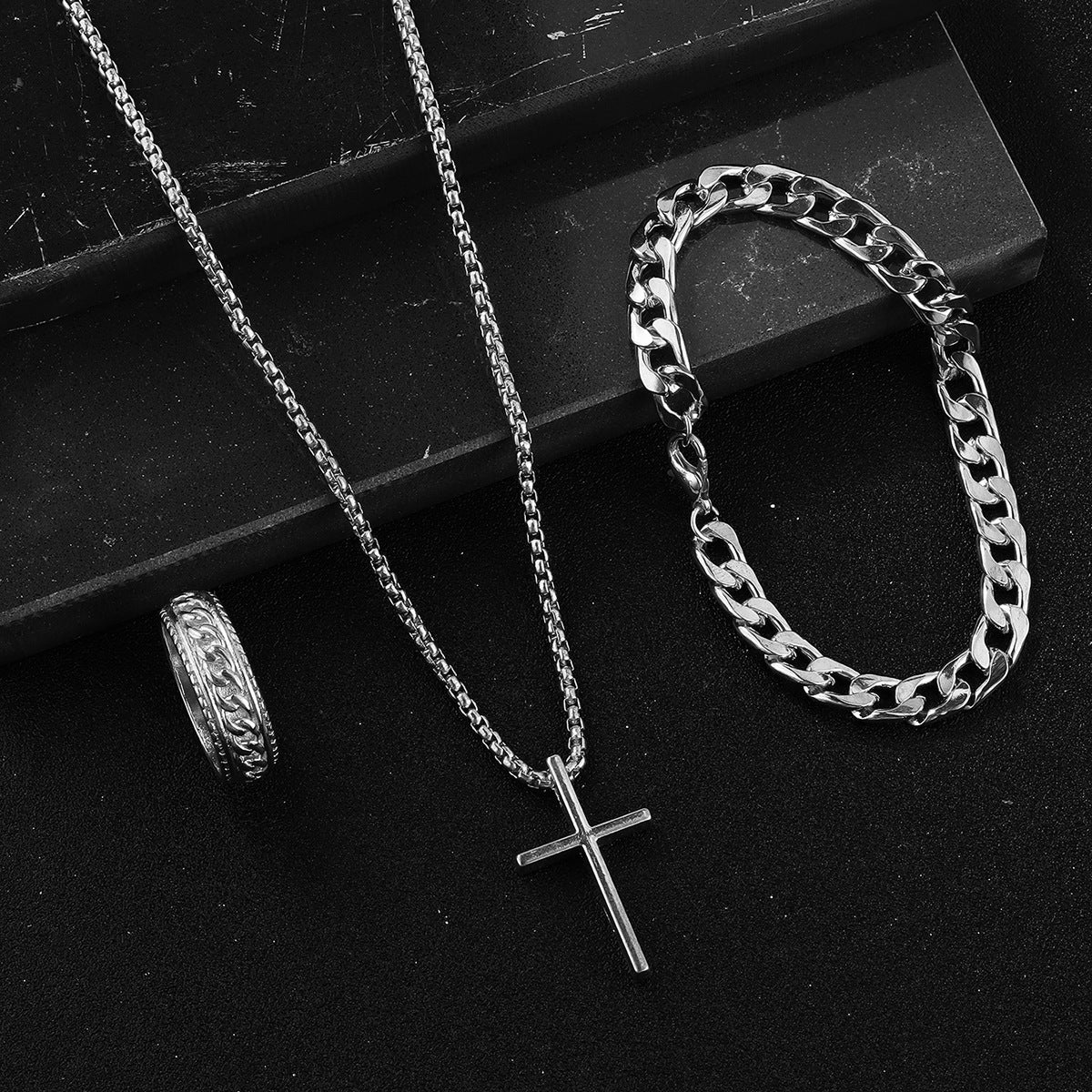 Men'S Cross Necklace Ring Bracelet Suit