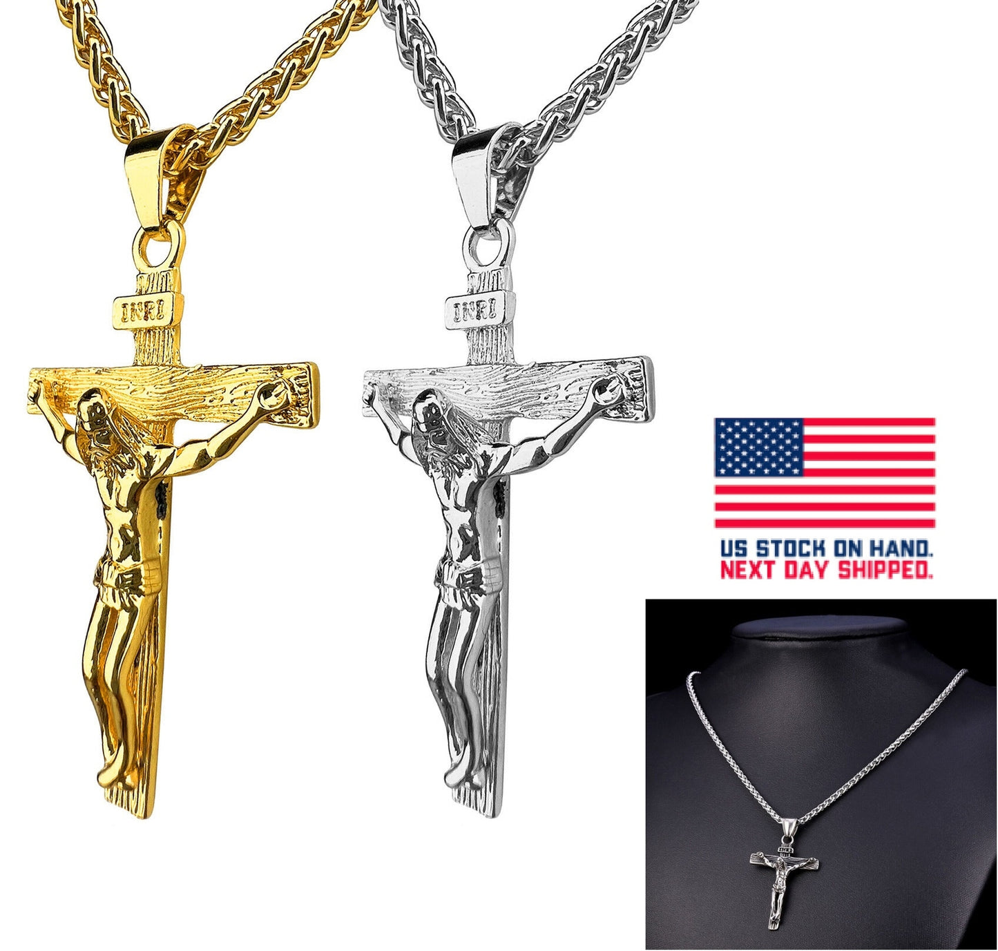 Stainless Steel Jesus Christ Crucifix Cross Pendant Chain Necklace for Women Men