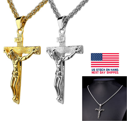 Stainless Steel Jesus Christ Crucifix Cross Pendant Chain Necklace for Women Men