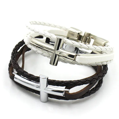 Men's Leather Bracelet with Cross Silver Buckle