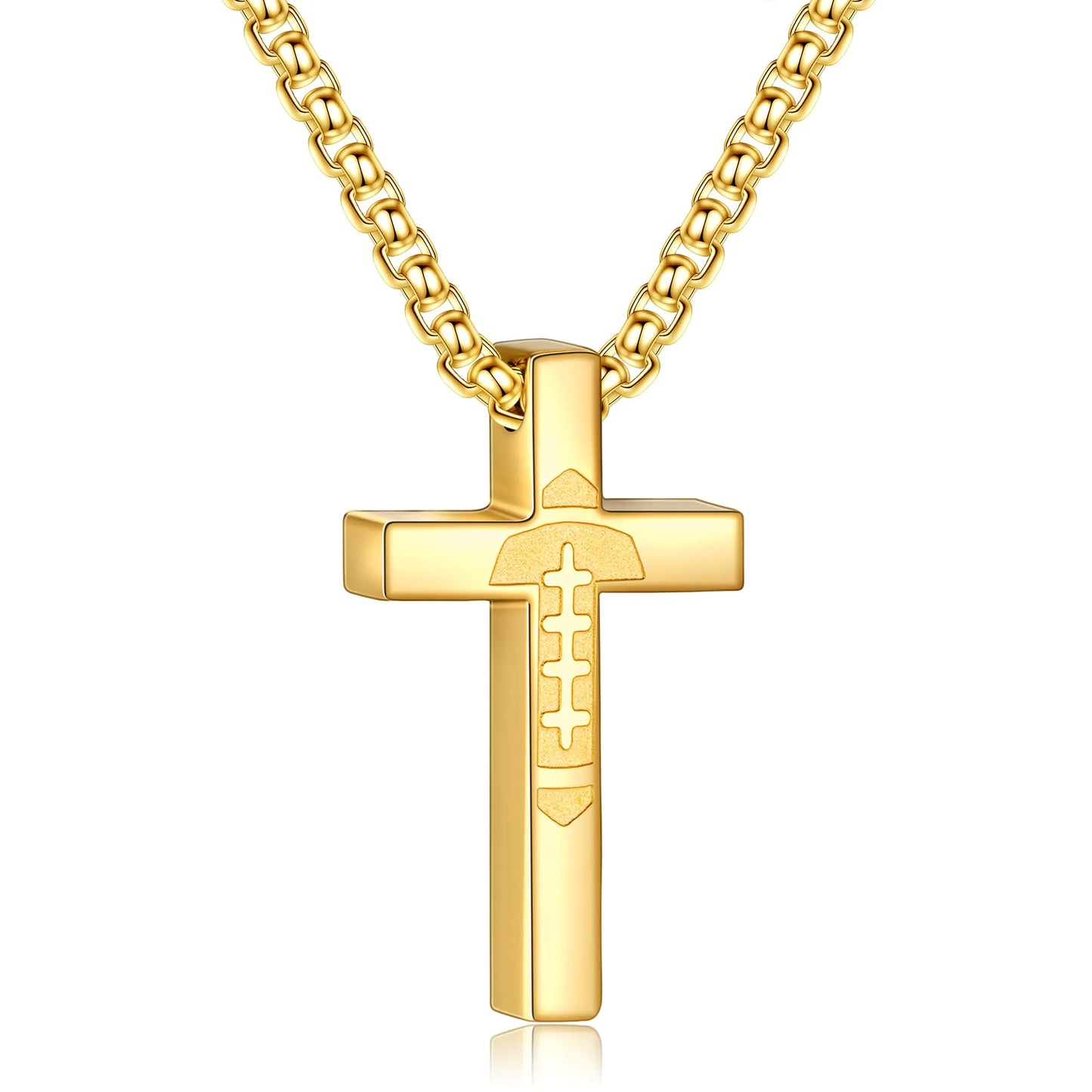P.BLAKE Football Cross Necklace for Boys Men Stainless Steel Gold Pendant Chain Christian Baptism First Communion Confirmation Accessories Jewelry Gifts For Teen Boys Ages Kids（16in）