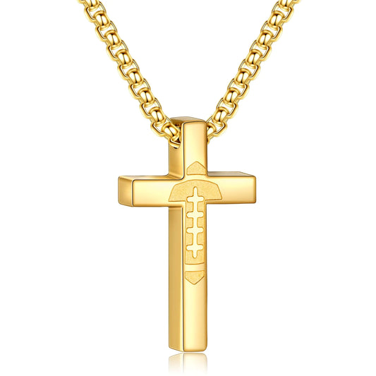 P.BLAKE Football Cross Necklace for Boys Men Stainless Steel Gold Pendant Chain Christian Baptism First Communion Confirmation Accessories Jewelry Gifts For Teen Boys Ages Kids（16in）