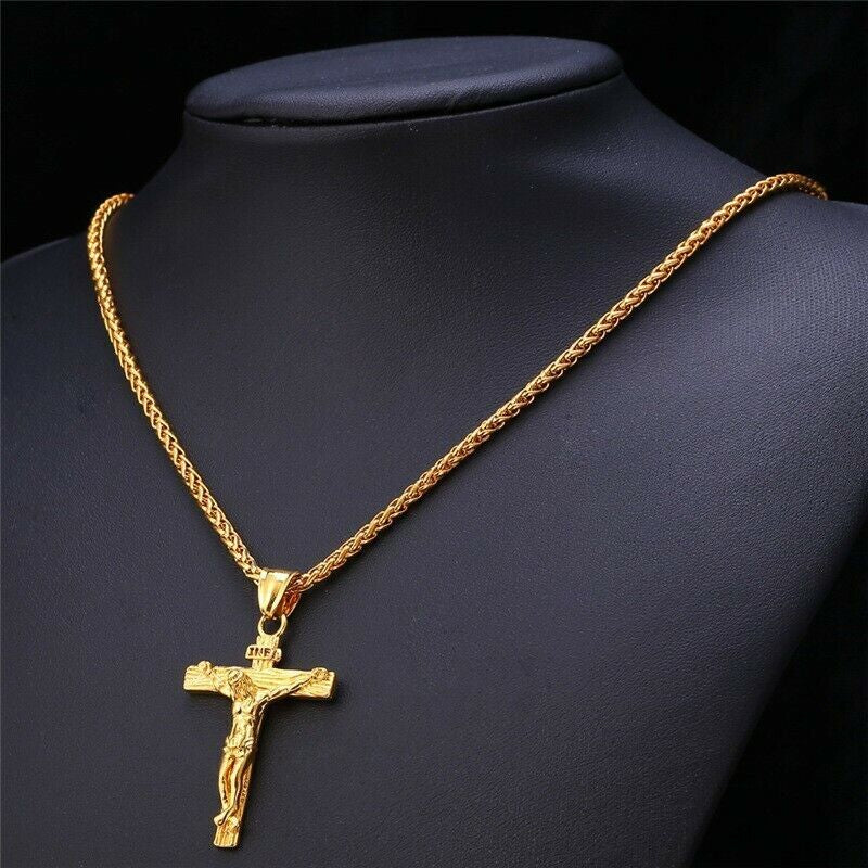 Stainless Steel Jesus Christ Crucifix Cross Pendant Chain Necklace for Women Men