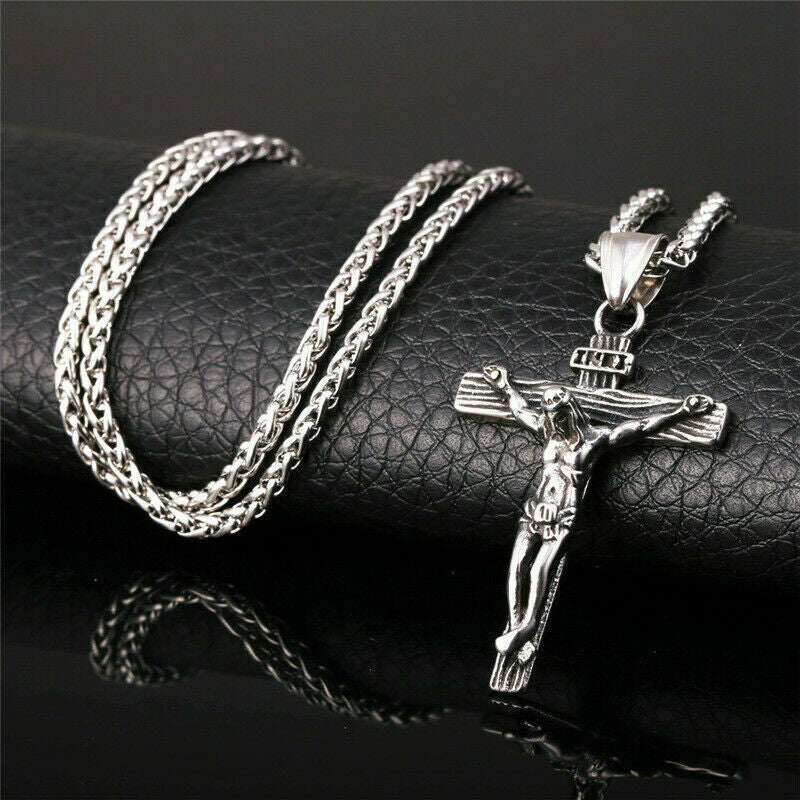 Stainless Steel Jesus Christ Crucifix Cross Pendant Chain Necklace for Women Men
