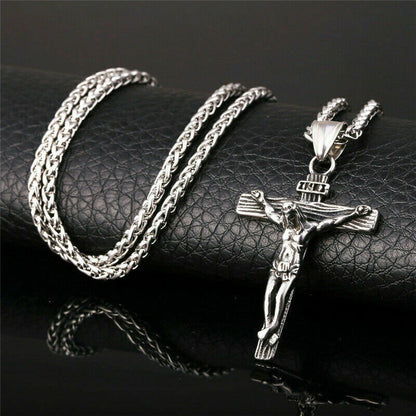 Stainless Steel Jesus Christ Crucifix Cross Pendant Chain Necklace for Women Men