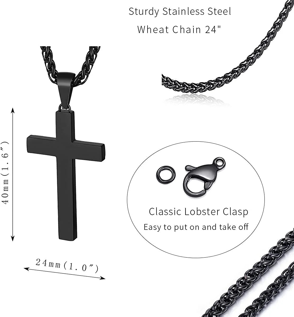 Black Cross Necklaces for Men Stainless Steel Cross Pendant Chain Catholic Religious Christian Birthday Jewelry Gifts Ideas Dad Husband Son Tween Preteen Boyfriend Teen Teenage Age