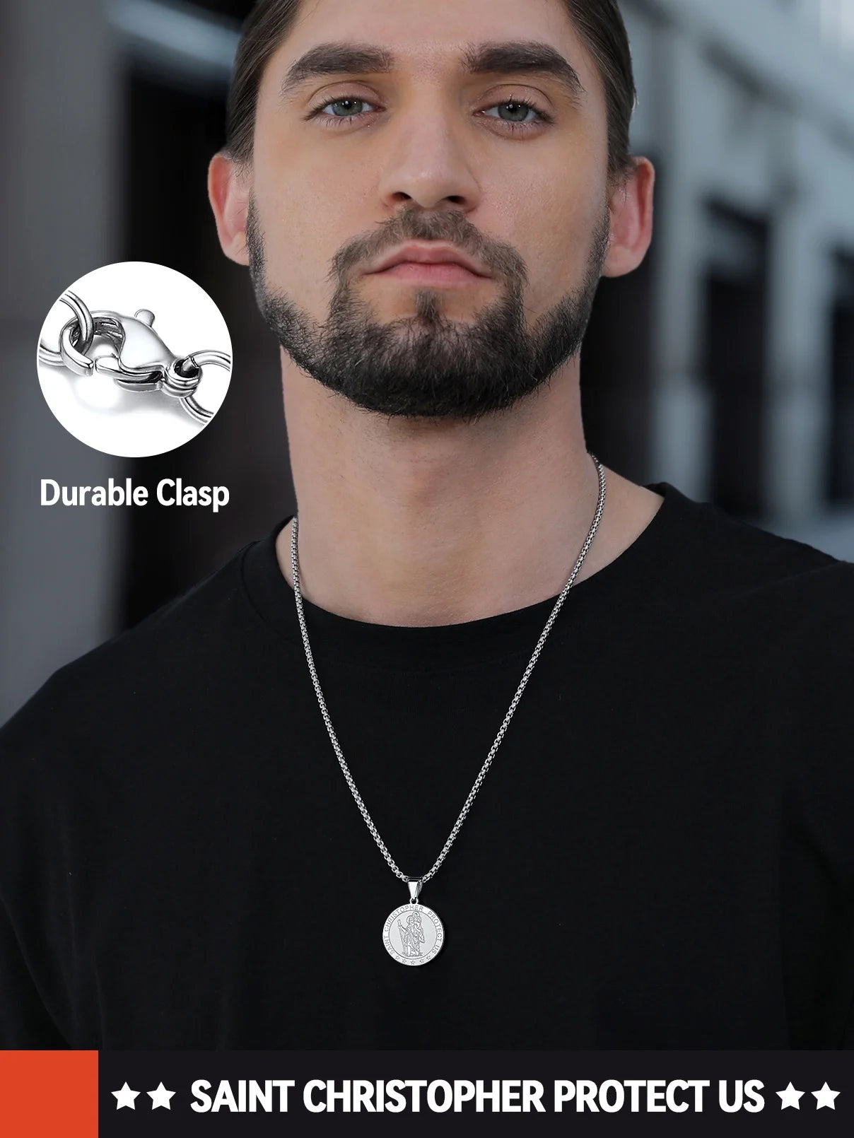 Saint/St. Christopher Pendant Necklace for Men Women Stainless Steel Catholic Christian Patron round Medal Blessings Amulet Silver Men Jewelry Gift for Boyfriend Husband Birthday