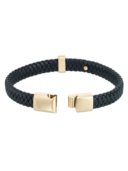 by Focus Men, Cross Bracelet with Simulated Black Diamonds in Genuine Black Leather and Stainless Steel with Gold Tone Ion Plating, 8.5".