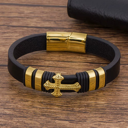 Trendy Charm Braided Rope Layered Magnetic Black Leather Cross Bracelet Men Bangles Jewelry Accessoris