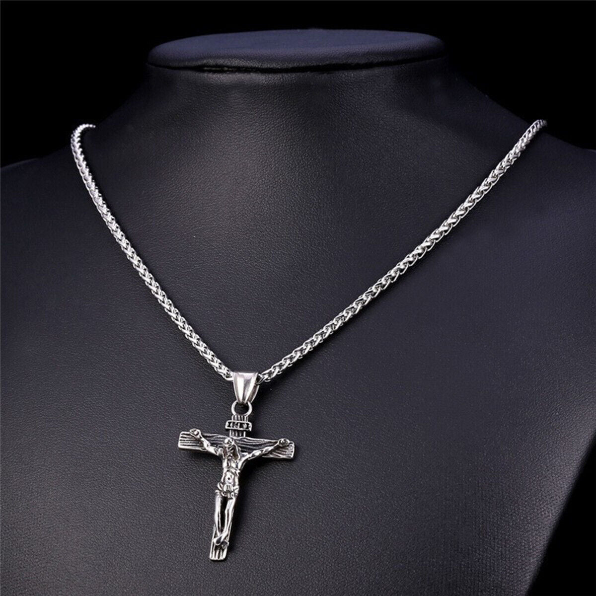 Stainless Steel Jesus Christ Crucifix Cross Pendant Chain Necklace for Women Men