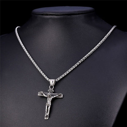 Stainless Steel Jesus Christ Crucifix Cross Pendant Chain Necklace for Women Men