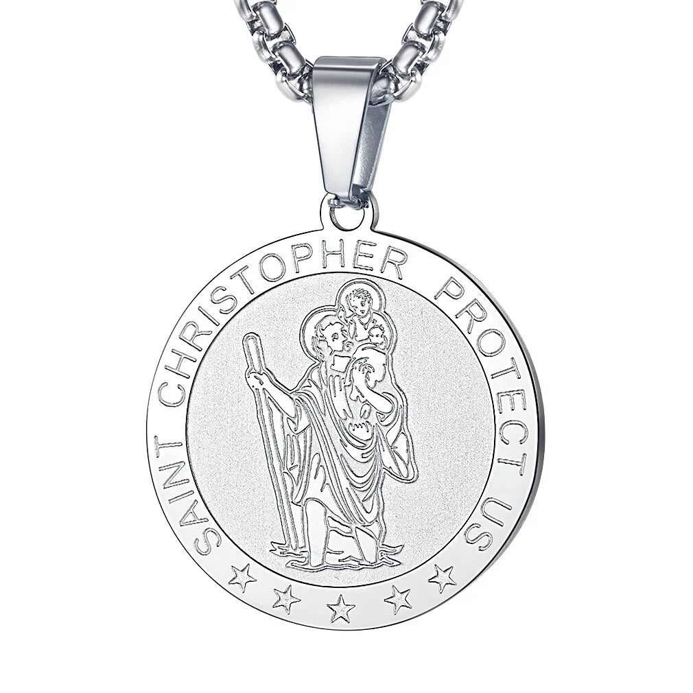 Saint/St. Christopher Pendant Necklace for Men Women Stainless Steel Catholic Christian Patron round Medal Blessings Amulet Silver Men Jewelry Gift for Boyfriend Husband Birthday
