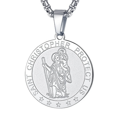 Saint/St. Christopher Pendant Necklace for Men Women Stainless Steel Catholic Christian Patron round Medal Blessings Amulet Silver Men Jewelry Gift for Boyfriend Husband Birthday