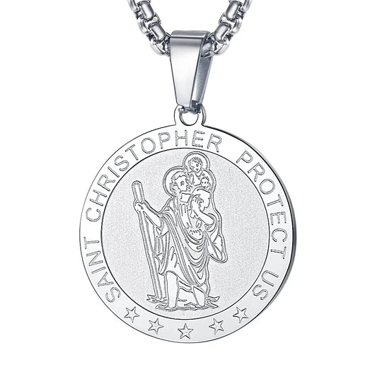 Saint/St. Christopher Pendant Necklace for Men Women Stainless Steel Catholic Christian Patron round Medal Blessings Amulet Silver Men Jewelry Gift for Boyfriend Husband Birthday