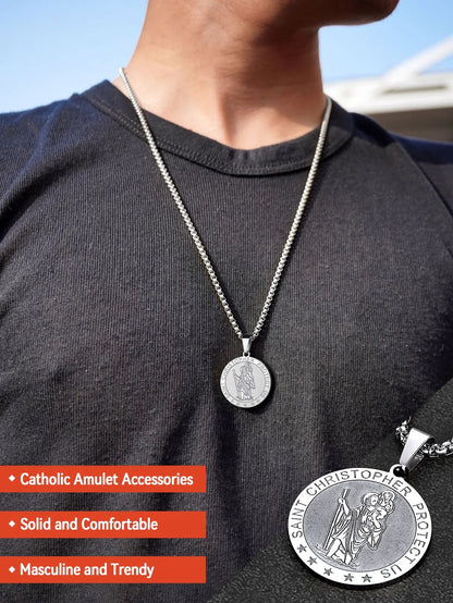 Saint/St. Christopher Pendant Necklace for Men Women Stainless Steel Catholic Christian Patron round Medal Blessings Amulet Silver Men Jewelry Gift for Boyfriend Husband Birthday