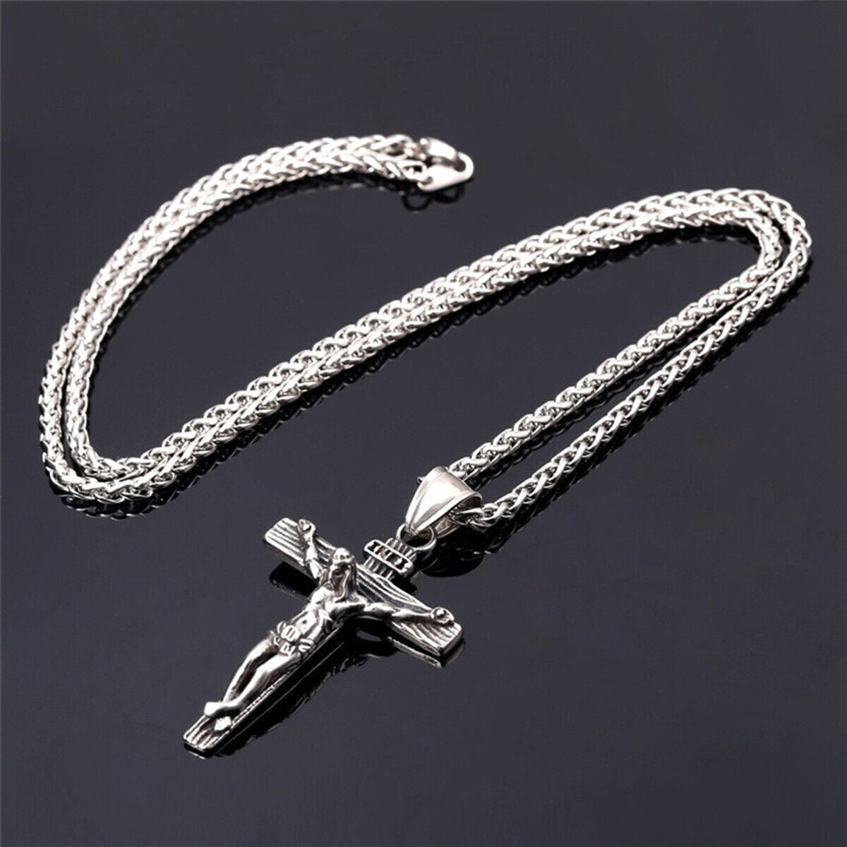 Stainless Steel Jesus Christ Crucifix Cross Pendant Chain Necklace for Women Men