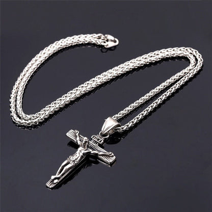 Stainless Steel Jesus Christ Crucifix Cross Pendant Chain Necklace for Women Men