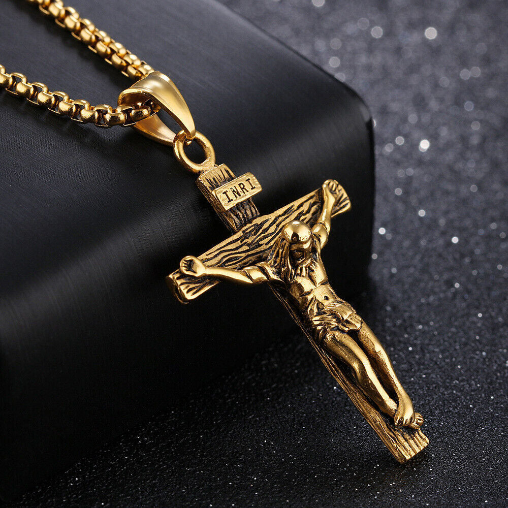 Stainless Steel Jesus Christ Crucifix Cross Pendant Chain Necklace for Women Men