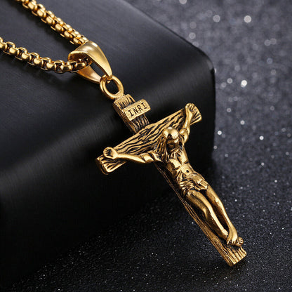 Stainless Steel Jesus Christ Crucifix Cross Pendant Chain Necklace for Women Men