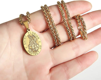 Gold Saint St Florian Medal Necklace Pendant for Men 24 Inch Religious Christian Catholic Birthday Valentine'S Day Baptism First Communion Confirmation Christmas Gift Jewelry