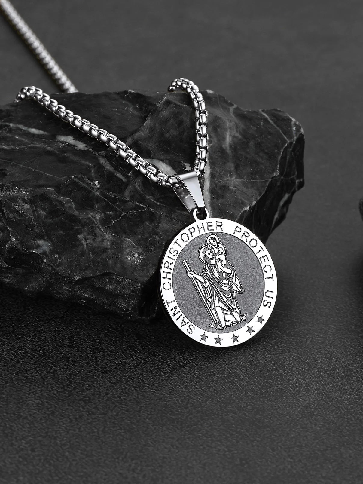 Saint/St. Christopher Pendant Necklace for Men Women Stainless Steel Catholic Christian Patron round Medal Blessings Amulet Silver Men Jewelry Gift for Boyfriend Husband Birthday