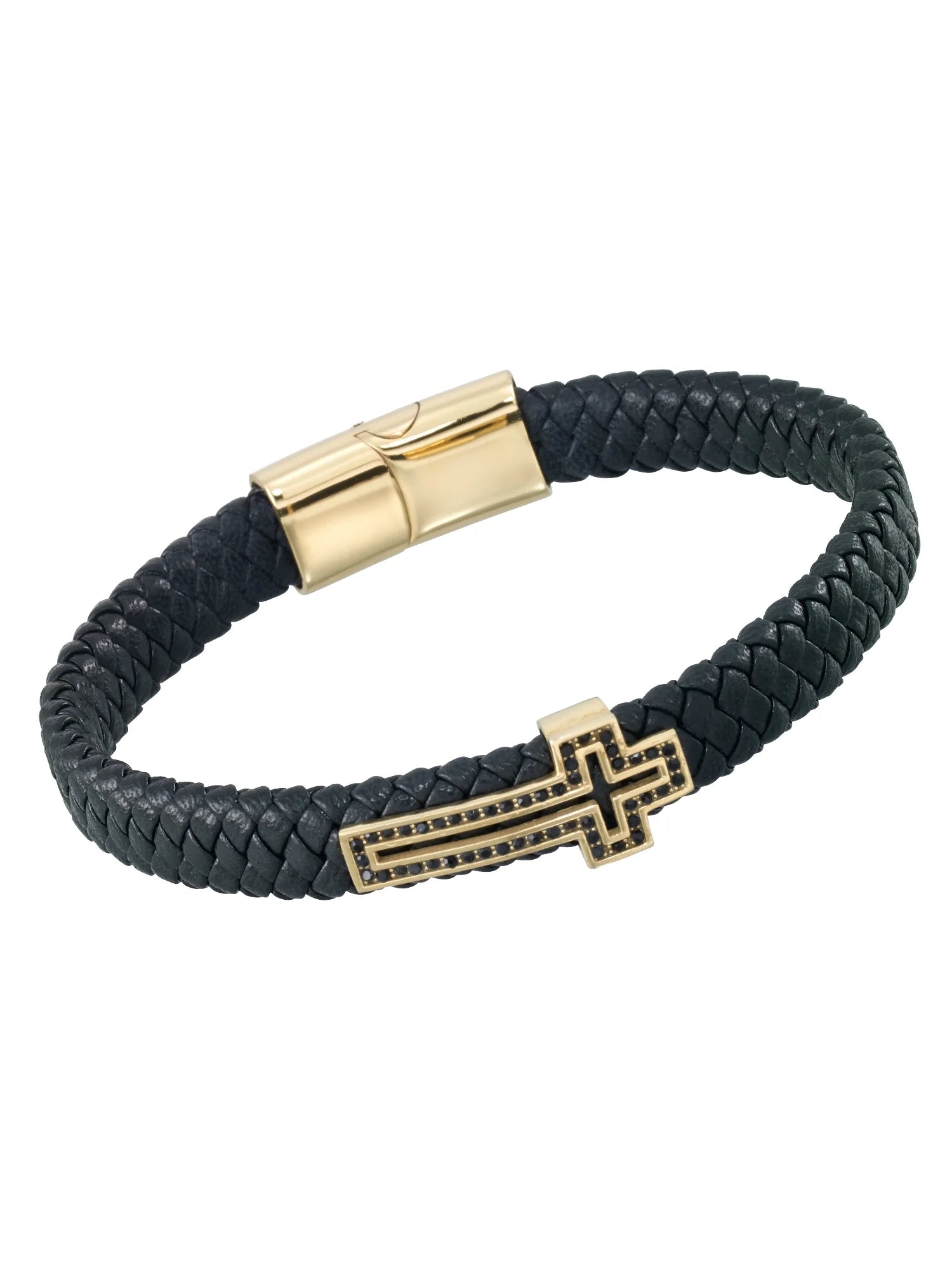by Focus Men, Cross Bracelet with Simulated Black Diamonds in Genuine Black Leather and Stainless Steel with Gold Tone Ion Plating, 8.5".