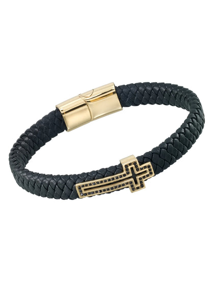 by Focus Men, Cross Bracelet with Simulated Black Diamonds in Genuine Black Leather and Stainless Steel with Gold Tone Ion Plating, 8.5".