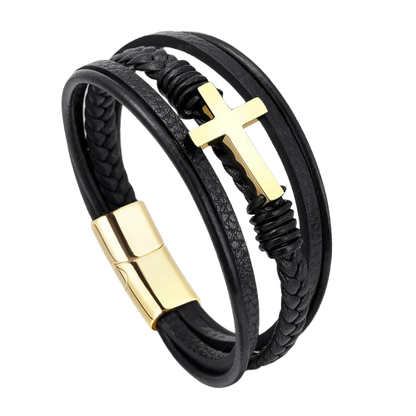 Men’s Black Leather Bracelet with Silver Cross – Multi-Layer Design